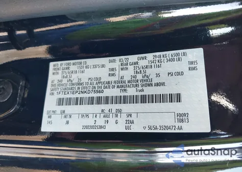 2022 Ford F-150 Xl из США, поврежденный, VIN 1FTEX1EP2NKD75560